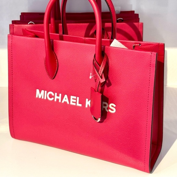 Michael Kors Mirella Medium Pebbled Leather Tote Bag Dark Raspberry Multi - Picture 7 of 9